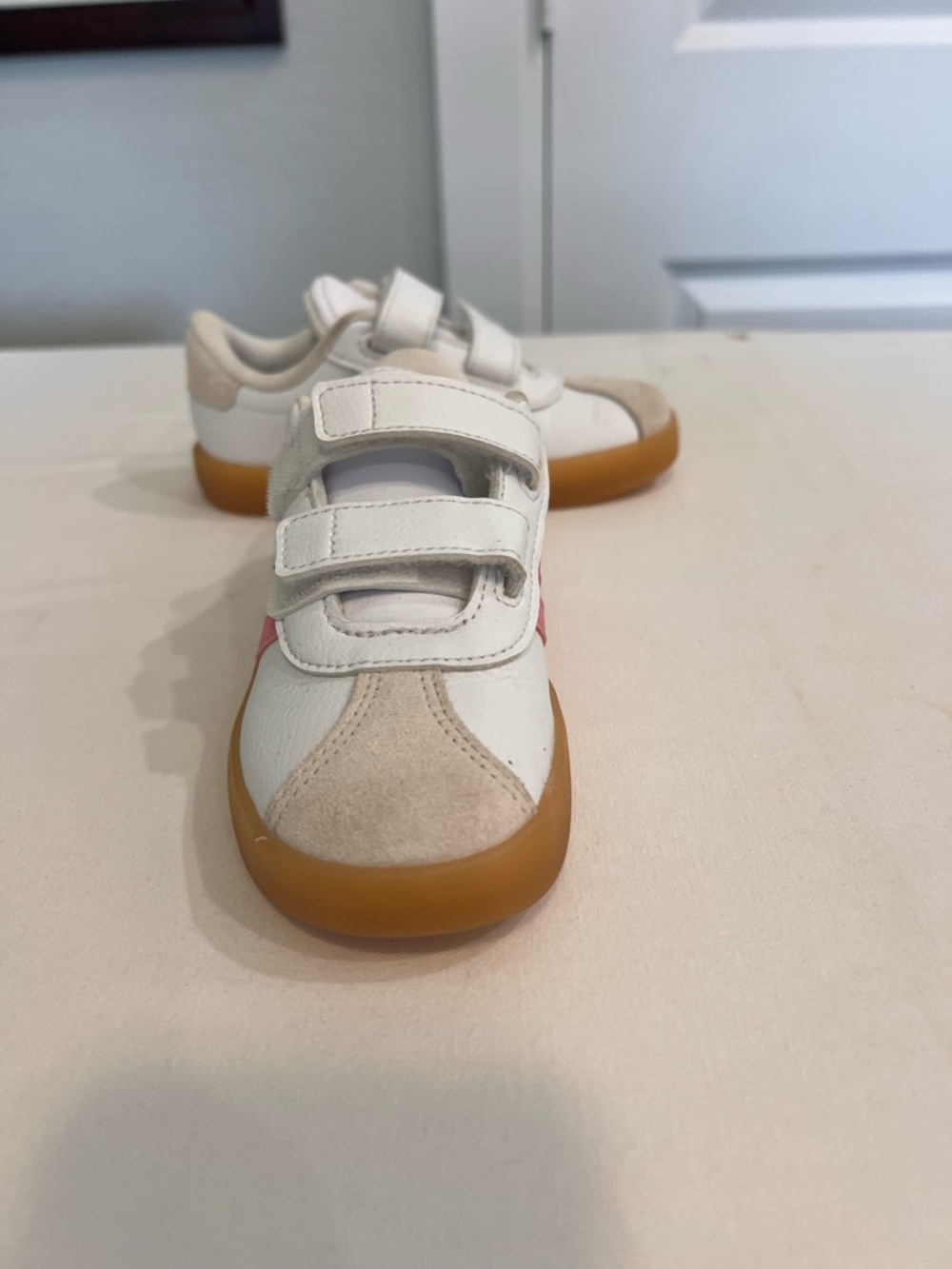 adidas White Kids Sneakers with Pink Stripes and Gum Sole - Velcro - Picture 5 of 8